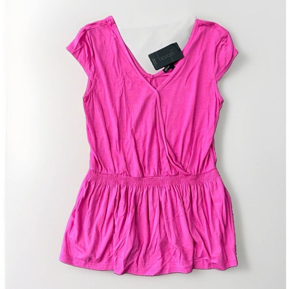 Gibson NWT Pink Wrap Peplum Top Women Small Short Sleeve V-Neck Smocked Blouse